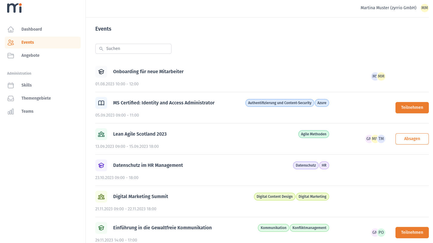 Screenshot von meet.isaac. Es wird die Event-Liste angezeigt.